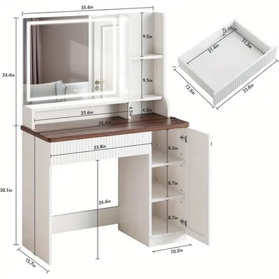 Produktbild von Schminktisch – Kosmetiktisch – Frisiertisch – Schminktisch aus weißem MDF und Glas