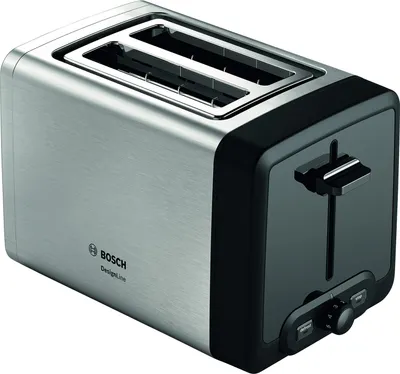 A Bosch DesignLine toaster is shown from a three-quarter angle on a white background.