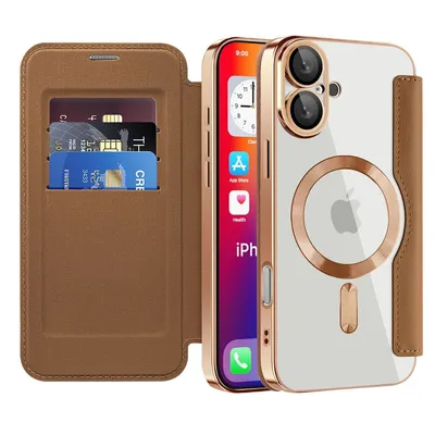 Image de Étui compatible MagSafe pour iPhone 16 Plus, étui transparent avec porte-cartes, étui en cuir avec protection de l'appareil photo Marron