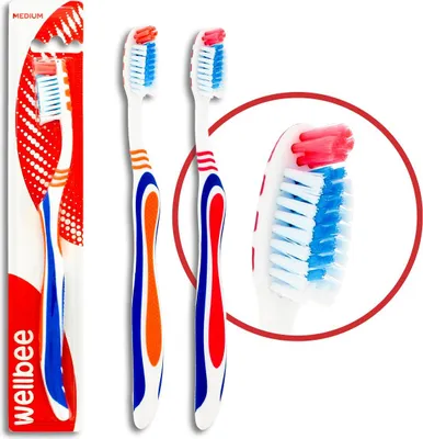 Obrázok produktu pre WELLBEE Stredne tvrdá zubná kefka pre dospelých (blistrové balenie s 3 kusmi) – farebná kombinácia 1 kus.