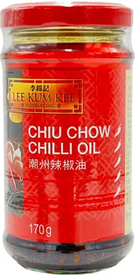 A glass jar of Lee Kum Kee Chiu Chow Chilli Oil.