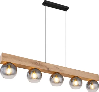 A hanging lamp with a wooden beam and five glass globes.