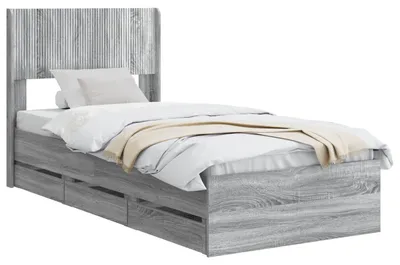 Image de Lit avec coffre de rangement et tête de lit, imitation bois gris Sonoma, dimensions 75 x 190 cm