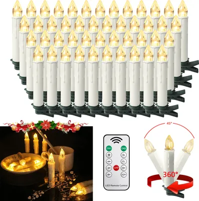 Productafbeelding van XMTECH 60 LED kerstboomkaarsen, draadloos, met timer, afstandsbediening, flikkerend, dimbaar, kerstboomkaarsen, kerstkaarsen, warm wit
