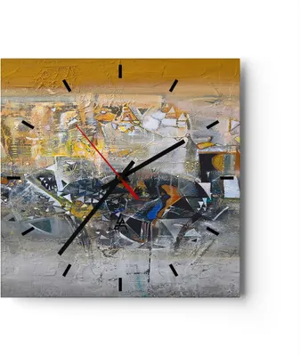 Produktbild von Wanduhr - Quadrat - Glasuhr - Abstraktion modern - 40x40cm - Schleichendes Uhrwerk - Lautlos - zum Aufhängen bereit - Dekoration Modern - Wanddekoration aus Glas - C3AC40x40-4001
