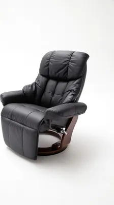 A black leather recliner chair is shown against a white background.
