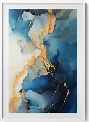 Produktbild von Flüssige Abstraktion mit Gold– Wandbild mit Rahmen – Gerahmtes Bild  – Wanddekoration – 70x100 cm –  Weiß Rahmen
