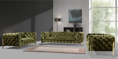 Produktbild von S-STYLE MÖBEL - Chesterfield Polstergarnitur 3+2+1 Nova mit Goldene Metall Füßen aus Olive Samtstoff, B/T/H: 3er - 243 cm/ 100 cm/ 75 cm