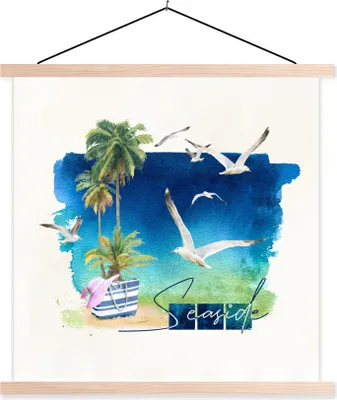 Produktbild von MuchoWow® Textilposter Strand - Vogel - Palme - Briefe 60x60 cm mit holzfarbenen Rahmen - Wanddekoration