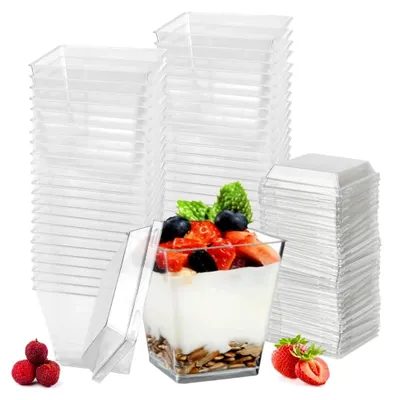 Produktbild von 50 Stück Kunststoff-Dessertbecher mit 50 Deckeln, 8oz/240ml, wiederverwendbare klare Becher für Eis, Mousse, Pudding und DIY-Desserts