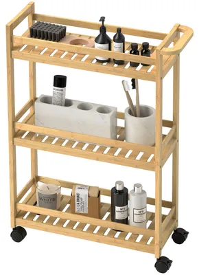 Immagine prodotto di Carrello da servizio HOMCOM a 3 ripiani in bambù, carrello da cucina con rotelle, carrello multiuso