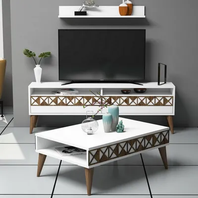 Produktbild von Skye Decor, Line - White, Wohnzimmermöbel-Set, Weiß, 100 % MELAMINBESCHICHTETE SPANPLATTEN, 150 x 30 x 50 cm