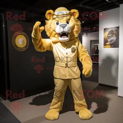 Produktbild von Goldbändiger-Löwe REDBROKOLY Maskottchen Kostüm charakter bekleidet mit einem Overall und Hosenträgern