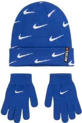 A set of children's winter accessories, including a beanie and gloves, displayed against a white background.