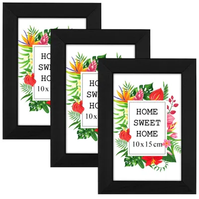 Produktbild von MG Design Set aus 3 Schwarz Bilderrahmen A6 10 x 15 cm - Aus echtem Holz mit Acrylglas, zum Aufhängen & Aufstellen, für Fotos, Poster & Puzzle