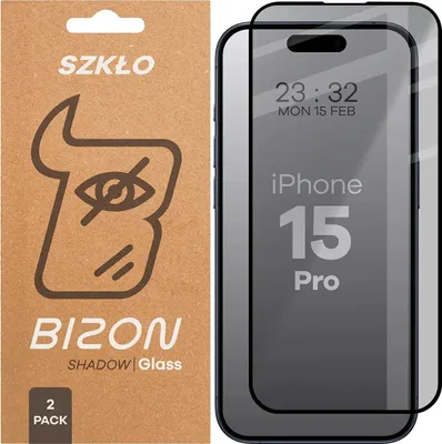 Produktbild von 2x Gehärtetes Glas mit Privatschutzfilter für iPhone 15 Pro, Bizon Glass Edge Shadow Duo, getönt mit schwarzer Rahmen