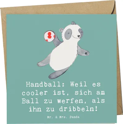 Produktbild von Mr. & Mrs. Panda Grußkarte Handball Action - Meeresbrise - Geschenk, Glückwunschkarte, Intensität, Sportler, Schnelligkeit, Teamarbeit, doppelkarte, Klappkarte, Teamsport