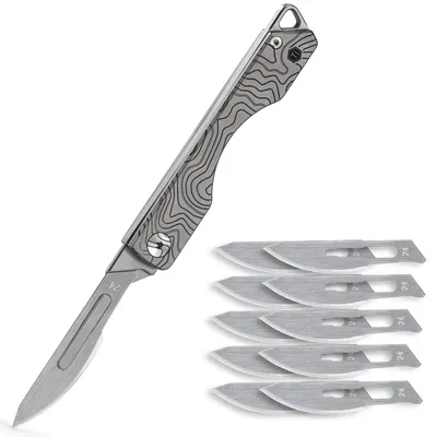 Image de Couteau pliant avec lame interchangeable n° 24, en titane, avec motif nuage, comprenant 10 lames n° 24. Idéal pour le quotidien, le camping, la pêche et la randonnée