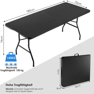 Produktbild von Klappbarer Campingtisch - 180 x 76 x 74 cm - Kunststoff - Metallgestell - Tragegriff - Für 8 Personen - Schwarz