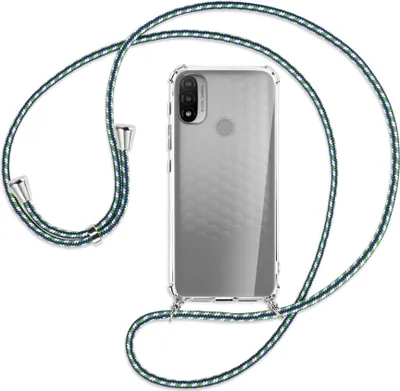 Produktbild von Handykette Backcover-Schutzhülle mit Band (Metall silberfarben) für Motorola Moto E20 (XT2155) - grün/blau/weiß