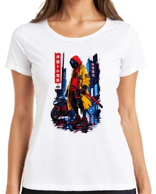 Produktbild von Cyberpunk Samurai Katana Japanisch Anime Techwear Japan Y2K Manga Damen T-Shirt, Weiß, L
