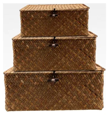 Produktbild von 3er Set Aufbewahrungskörbe mit Deckel aus Rattan, Geflochtene Regalkörbe aus natürlichem Seegras, Multifunktionale Aufbewahrungsboxen