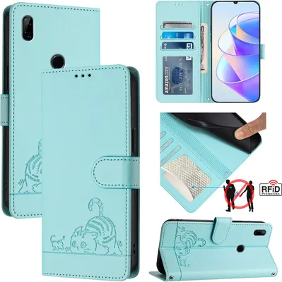 Produktbild von Leder Hülle für Huawei P Smart Z / Y9 Prime 2019/Enjoy 10 Plus Süße Katze Flip Case Brieftasche Schutzhülle mit Standfunktion hellgrün