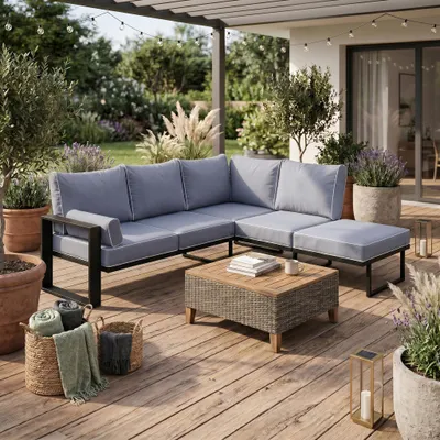 Produktbild von BEAUTYSOFA | VERDINO Gartenecke Blaugrau 2R2 Offen – Garten Lounge Ecke wetterfest mit Metallrahmen, Outdoor Ecksofa, SIMAX 42