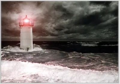 Produktbild von Wallario Wandbild Leuchtturm im Wasser bei stürmischer See, Größe: 70,30 x 100,30 cm, Poster mit weißem Kunststoffrahmen
