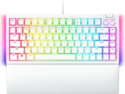 A white Razer gaming keyboard with RGB lighting and a detachable wrist rest, shown from a top-down perspective on a white background.