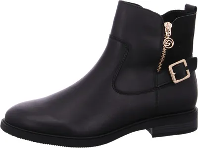 A black leather boot with a gold zipper and buckle.