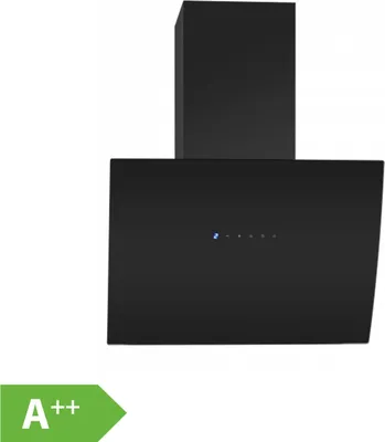 A black kitchen hood is shown against a white background, with an energy efficiency label in the bottom left corner.