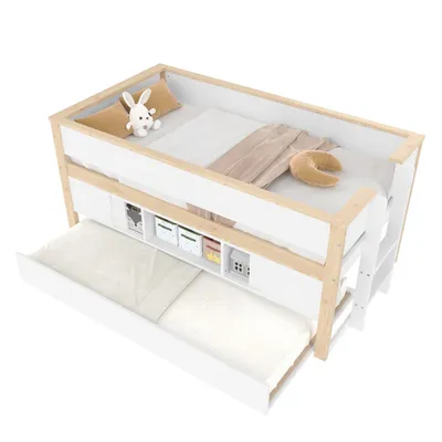 Produktbild von Halbhohes Bett, 90x200cm, Bett mit ausziehbarem Bett,Kinderbett, Etagenbett, Mehrere Ablagefächer, ohne Matratze, Weiß + Natur