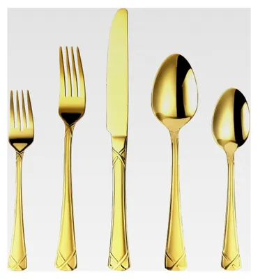 Produktbild von 30-teiliges goldenes Besteckset aus Edelstahl, bestehend aus Messern, Gabeln und Löffeln, für 6 Personen, hochglanzpoliert und spülmaschinenfest