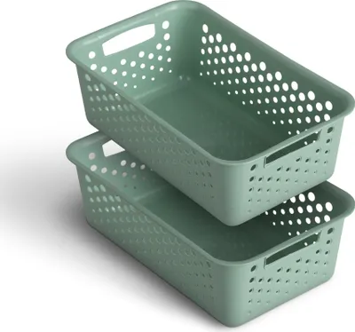 Produktbild von 2 Stück Aufbewahrungskorb 2L mit Griffen - BPA-Frei - Organizer ( 25 x 16 x 8 cm / Grün ) - Körbchen für Bad Küche Schlafzimmer, Haushaltskorb