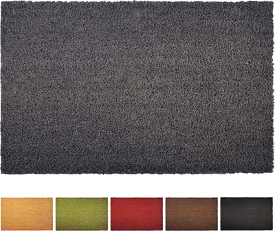 A dark gray doormat is shown from above, with a row of smaller colored swatches below it.