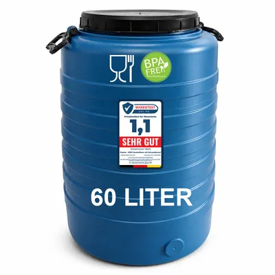 Produktbild von Plasteo 60 L Weithalsfass Lebensmittelecht HDPE Futtertonne Wassertank Mit Deckel und Tragegriffen. Für Wasser Lebensmittel Lagerung Fermentierung