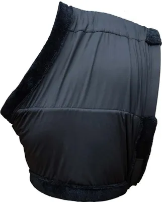 A black horse chest protector with fur trim.