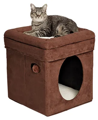 Faltbares Katzenversteck mit Spielzeug, Kunstleder, 38,4 x 38,4 x 42 cm