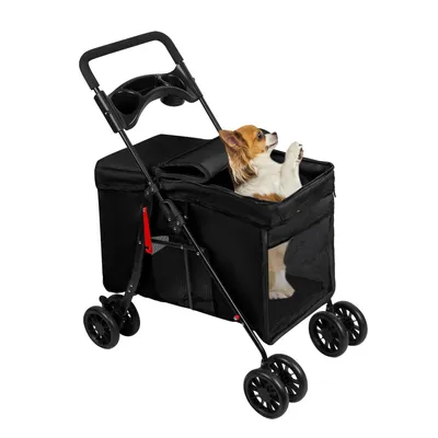 Image de Poussette pour chien Cage pour chien Poussette pliable pour chat avec fenêtres en filet Noir