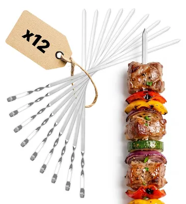 Produktbild von BBQ Set 12-teilig – Edelstahl Grillspieße 550 mm Schaschlikspieße rostfrei Wiederverwendbare Fleischspieße für Grill & BBQ