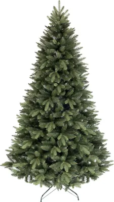 A full shot of an artificial Christmas tree on a white background.