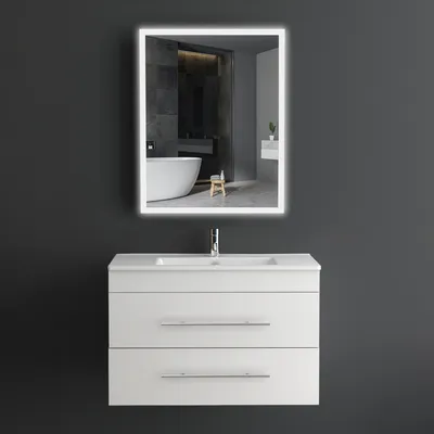 Produktbild von Alpenberger Waschbecken mit Unterschrank | Badezimmer Set 80 cm | Waschbecken mit Unterschrank und Spiegel | Badezimmerschrank mit Badspiegel | Badezimmerspiegel mit Touch-On-Off-Funktion | 2 Schubladen