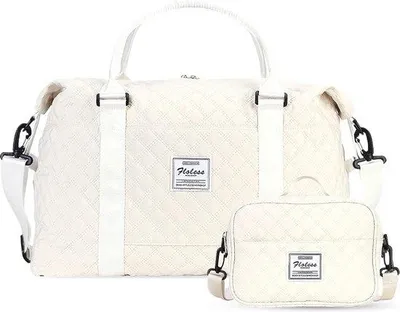 Produktbild von Unyqoos® Sport- & Reisetasche für Damen – faltbare Duffle-Bag mit Make-up-Tasche, Nassfach, leicht, wasserdichte Schwimmtasche, Weekender für Reise, Gym & Flug, Modell E, Weiß