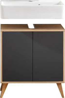 Produktbild von FACKELMANN FINN Badmöbel Set 3 Teile / Waschbecken / Waschbeckenunterschrank / 4 Holzfüße / Badschrank mit Push-to-Open / Korpus & Front: Schwarz / Rahmendekor & Füße: Braun hell / Breite: 60 cm