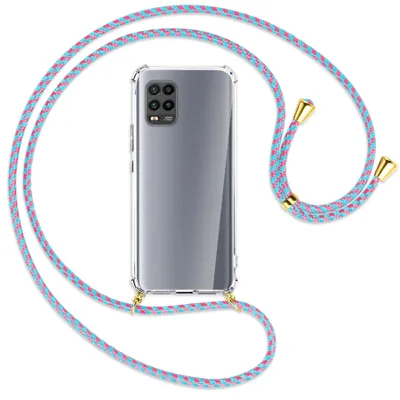 Produktbild von Handykette Backcover-Schutzhülle mit Band (Metall goldfarben) für Xiaomi Mi 10 Lite 5G (Zoom) - pink/mint