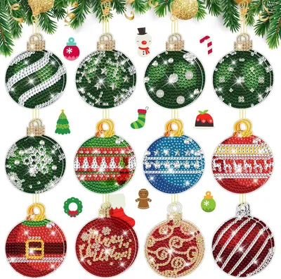 Produktbild von 5D Diamond Painting Weihnachtsanhänger 16 Stück - Doppelseitiges DIY Bastelset - Weihnachtskugeln mit Schneeflocken, Bäumen, Schneemännern & Glocken