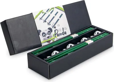 A set of panda-themed chopsticks in a black gift box.