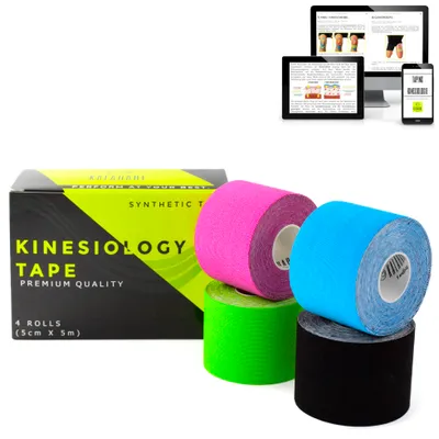 Obrázek produktu pro KALAHARI 4 role kineziologického tejpu s návodem na eBook - Voděodolný, elastický kineziotejp pro lepší přilnavost k vodě (5 cm x 5 m)