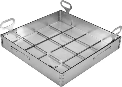 A square metal grate tray with handles, designed for use in a manhole or inspection shaft.